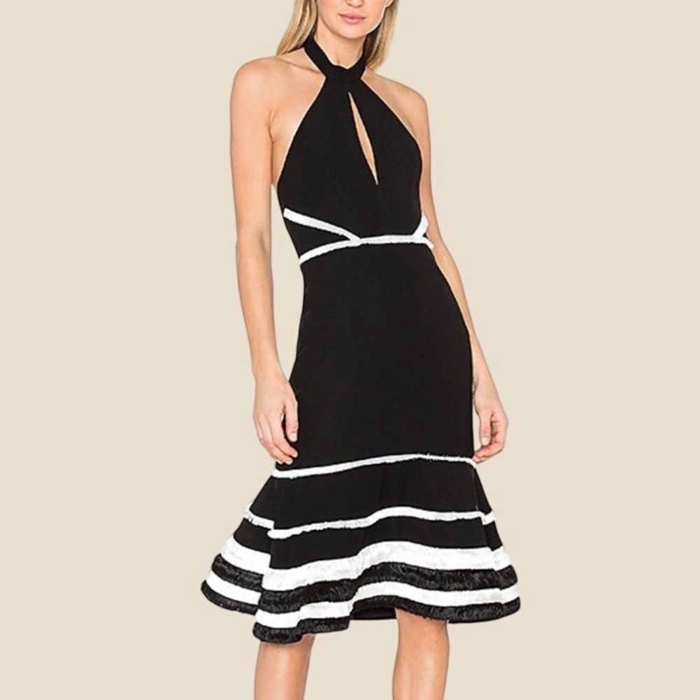 Alexis Halter‎ Midi Dress Women S Black White Excellent Fringe Keyhole Cocktail